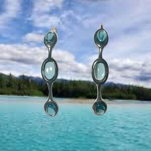 Sterling Silver London Blue Topaz Cabochon Half Hoop Earrings 2”